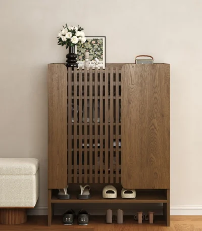 خزانة أحذية بالملمس الخشبي الصلب، تصميم عصري، تخزين عملي