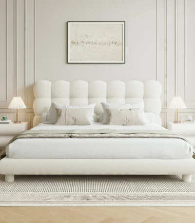 سرير بوكلية، مخملي فاخر، أبيض منجد بالكامل