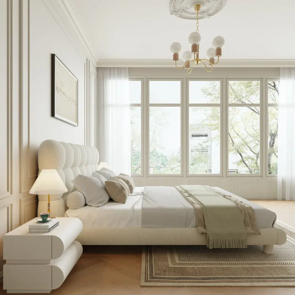 سرير أبيض، قماش مخملي، تصميم فاخر